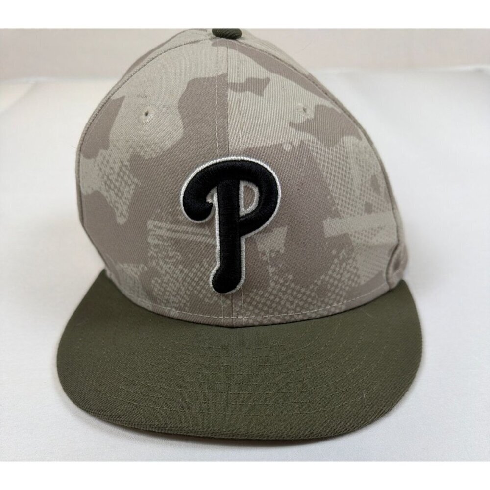 New Era 59FIFTY Philadelphia Phillies Hat 7 5/8 Camo Olive Green MLB Fitted Cap
